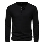 Men Long Sleeved T-shirt Cotton Slim Fit Bottoming Shirt Fitness Tops Tees Button Neck Casual Cozy Tshirt