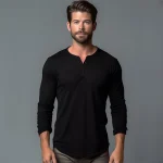 Men Long Sleeved T-shirt Cotton Slim Fit Bottoming Shirt Fitness Tops Tees Button Neck Casual Cozy Tshirt