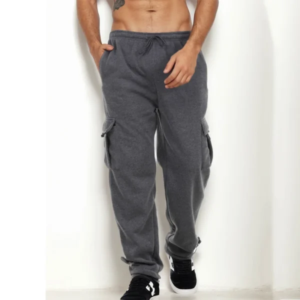 Men's Cargo Sweatpants Straight Fit Joggers Sports Pants Autumn Winter Streetwear Loose Fleece Long Pants Men Multi-pocket Pants