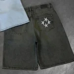 American retro personalized street pattern printed denim shorts for men and women loose fitting washed distressed shorts