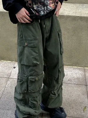 Vintage American Style Multi-pocket Cargo Pants Men Trendy  Street Straight-leg Loose-fit Floor-length Wide-leg Trousers