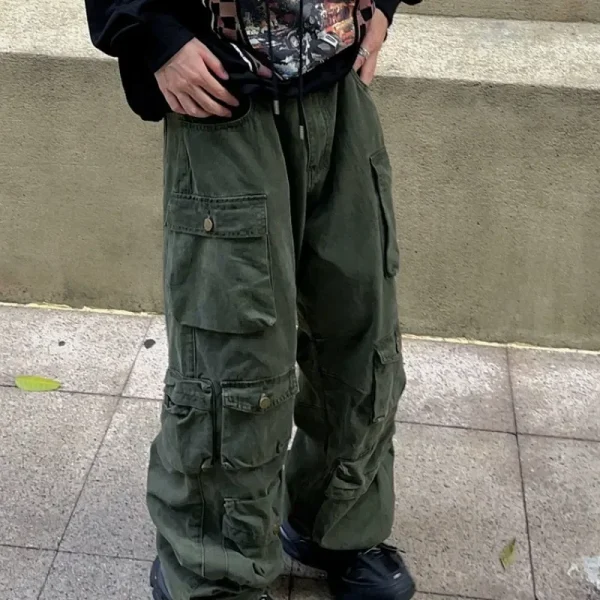 Vintage American Style Multi-pocket Cargo Pants Men Trendy  Street Straight-leg Loose-fit Floor-length Wide-leg Trousers