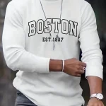Men's 100% pure cotton loose fit plus size comfortable casual sports Boston letter printed round neck long sleeved T-shirt top