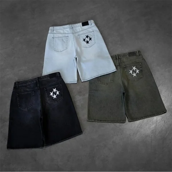 American retro personalized street pattern printed denim shorts for men and women loose fitting washed distressed shorts