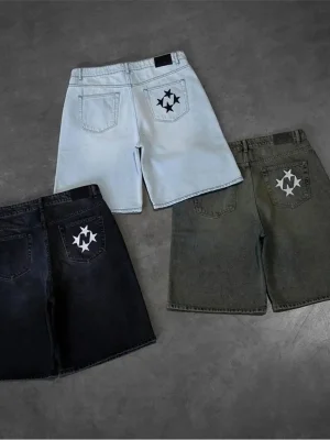 American retro personalized street pattern printed denim shorts for men and women loose fitting washed distressed shorts