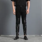 Men`s Gothic Rock Punk Hip Hop Concerts Faux Leather Slim Leisure Stretch skull Zippers Motocycle Rider Biker Pants Trousers