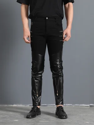 Men`s Gothic Rock Punk Hip Hop Concerts Faux Leather Slim Leisure Stretch skull Zippers Motocycle Rider Biker Pants Trousers