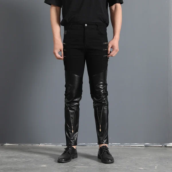Men`s Gothic Rock Punk Hip Hop Concerts Faux Leather Slim Leisure Stretch skull Zippers Motocycle Rider Biker Pants Trousers