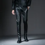 New Mens Skinny Biker Leather Pants Fashion Faux Leather Motorcycle Trousers For Male Stage Club Wear