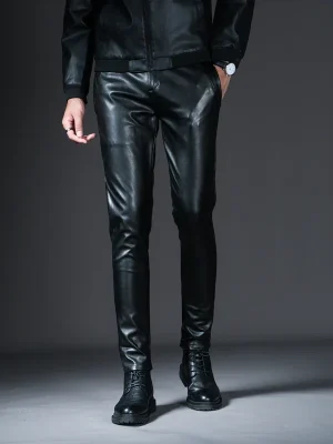 New Mens Skinny Biker Leather Pants Fashion Faux Leather Motorcycle Trousers For Male Stage Club Wear