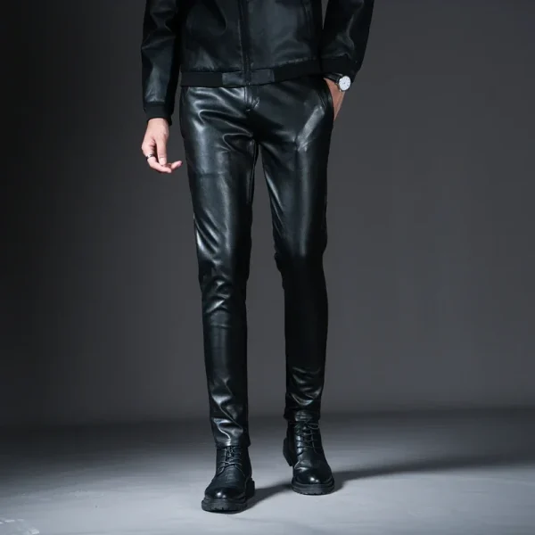 New Mens Skinny Biker Leather Pants Fashion Faux Leather Motorcycle Trousers For Male Stage Club Wear
