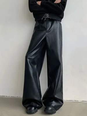 Mens Pu Leather Pants Rider Motorcycle Casual Pants Streetwear Fashion Hip-Hop Trend Youth Campus Pants Men'S Clothing New